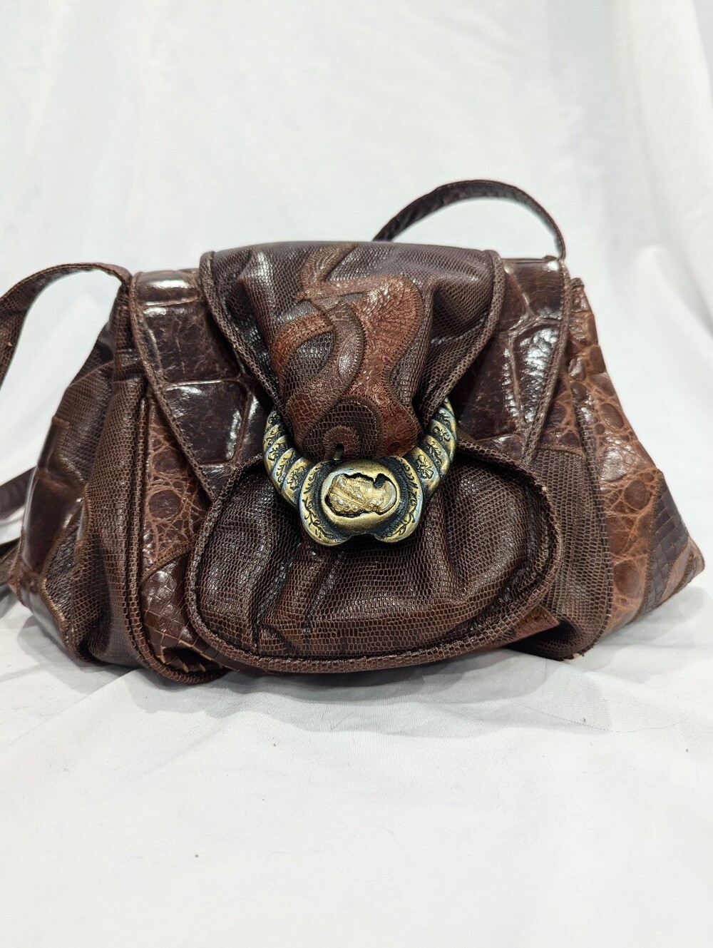 Vintage Viva Bags of California Embossed Leather Crossbody Bag Brown